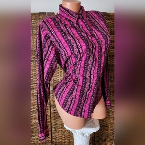 Black Pink "Wanted" Cowgirl Country  Western Line Dance Button Up Top Shirt Sz L